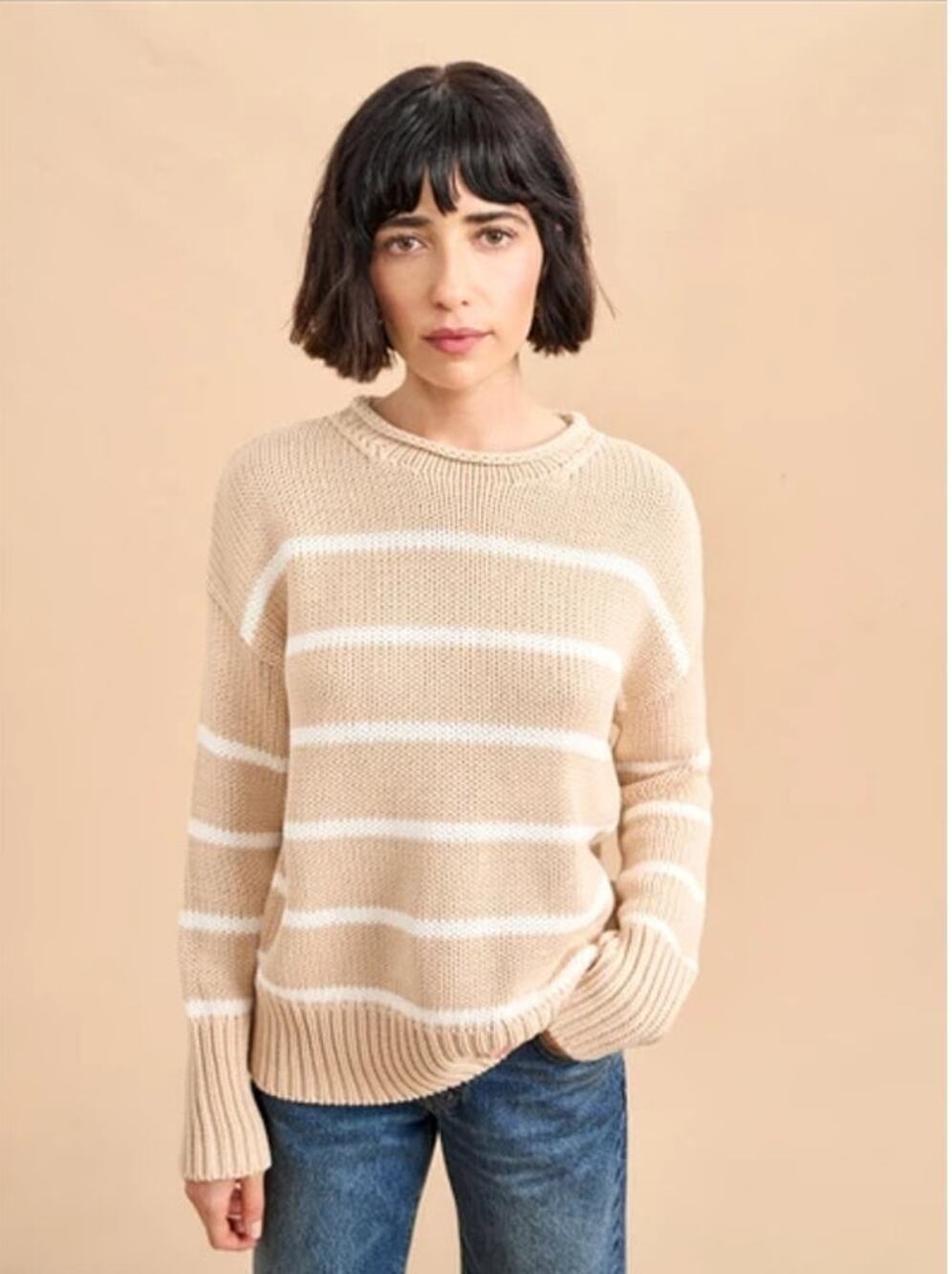 La Ligne Pure Cotton Knit Marina Sweater Camel Cream Striped Womens XS Casual